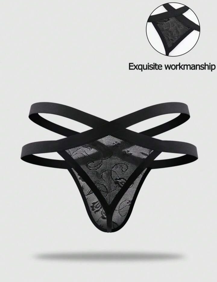 Noir Lace Cross-Strap Thong